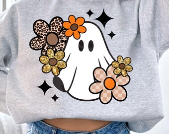 Fantasma de Halloween Boho PNG, Gráfico Vintage de Halloween, Estampa de Leopardo Floral para Download Digital para Sublimação