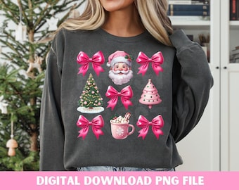 Coquette Christmas Clipart Retro Pink Bows PNG, Santa Christmas Tree Digital Download, Christmas Holiday Sublimation Png, Pink Christmas PNG