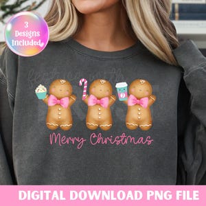 Pan de jengibre PNG, diseños navideños rosas (descarga digital), diseño de sublimación de galletas navideñas, pan de jengibre festivo PNG, Navidad infantil PNG