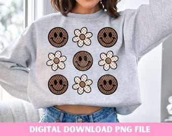 Smiley rétro PNG : clipart Daisy à carreaux (téléchargement numérique)