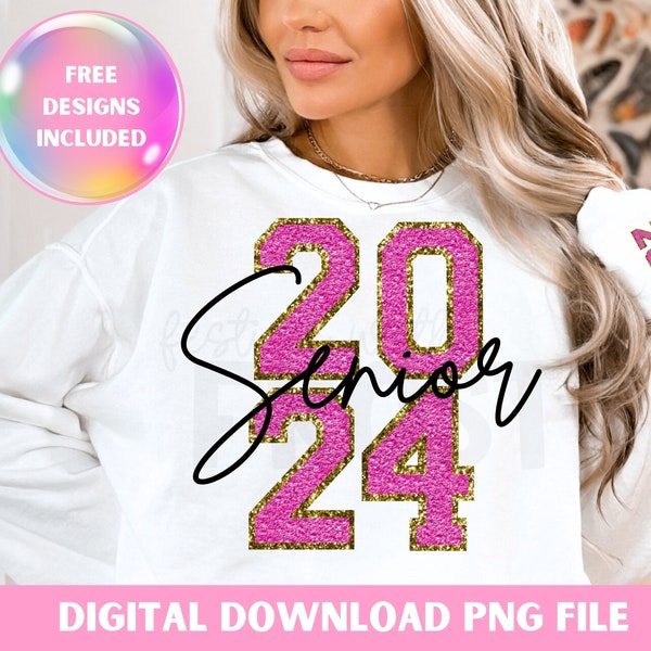 Class of 2024 pink and gold chenille patch Png design for sublimation DTF Girly graduation Senior night senior mom era design for shirt