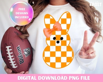 May include: Orange and white checkered bunny with a pink bow. The bunny is a digital download PNG file.