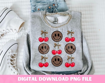 Retro Smiley Face Cherry Leopard PNG : design graphique tendance (téléchargement numérique)