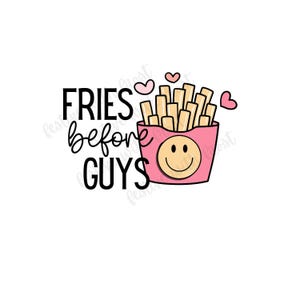 Może przedstawiać: Różowa i biała kreskówkowa ilustracja pudełka frytek z uśmiechniętą buzią. Tekst "FRIES before GUYS" jest napisany czarnym kolorem.