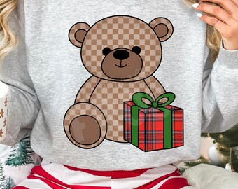Urso de Natal Xadrez PNG | Download Digital de Sublimação de Natal | Urso de Natal PNG | Download Instantâneo de Urso de Natal | Urso de Pelúcia Xadrez PNG