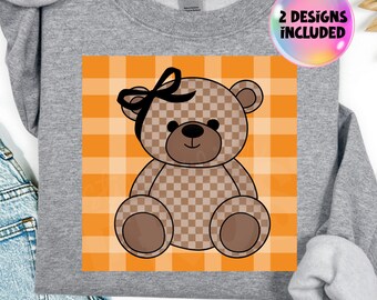 Urso de Outono Gingham PNG: Design de Sublimação de Urso de Outono Fofo | Clipart de Camisa de Outono para Crianças e Adultos | Download Digital