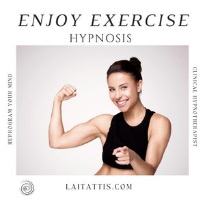 Könnte beinhalten: Eine Frau in einem schwarzen Tanktop spannt ihren Bizeps an und zeigt auf den Betrachter. Der Text "ENJOY EXERCISE HYPNOSIS" befindet sich oben im Bild und "LAITTIS.COM" unten. Der Text "REPROGRAM YOUR MIND" befindet sich links im Bild und "CLINICAL HYPNOTHERAPIST" rechts.