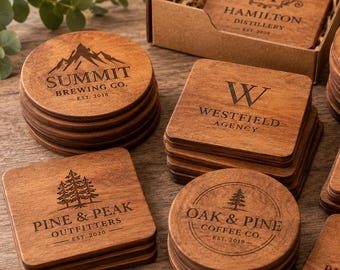 Custom Logo Wooden Coasters, Bulk Wedding & Corporate Party Favors, Bulk Custom Coasters for Event Planners, Wedding Business Branding