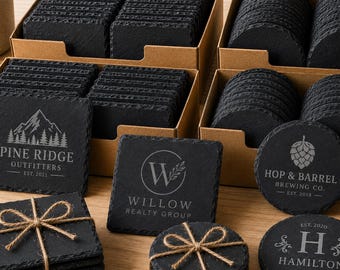 Custom Logo Slate Coasters | Engraved Corporate Gift Coasters | Bulk Business Branding | Personalized Wedding & Restaurant Coasters