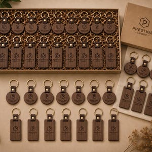 Puede incluir: Una colección de llaveros de madera con anillos dorados y correas de cuero. Los llaveros tienen forma redonda y rectangular, con el logotipo "PRESTIGE GROUP" grabado. Algunos se muestran en una caja con el mismo logotipo.