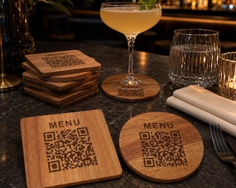 Custom QR Code Wood Coasters, Engraved Menu Coasters for Restaurants and Bars
