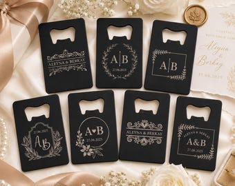 Custom Engraved Bottle Opener Wedding Favors | Personalized Black Metal Credit Card Bottle Opener | Bulk Wedding Gifts | Bridal Shower Favor