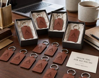 Custom Logo Leather Keychains Bulk, Corporate Gifts for Employees, Personalized Business Keychain, Trade Show Giveaway, Client Gifts