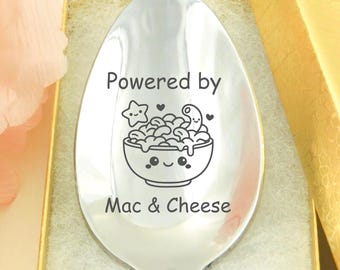 Powered by Mac & Cheese Spoon, Funny Engraved Spoon, Cute Comfort Food Spoon, Personalized Mac n Cheese Spoon, Funny Kitchen Gift, Stuffers