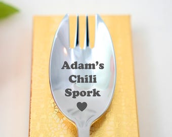 Cuchara-tenedor para chile personalizada, cuchara-tenedor con nombre personalizado, regalo de cuchara-tenedor grabado, regalo de comida divertido, utensilio personalizado, cuchara-tenedor para chile personalizada