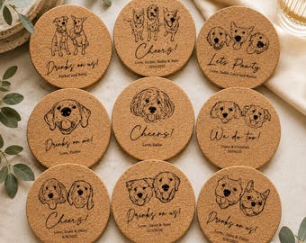 Custom Pet Wedding Coasters, Personalized Cork Coasters with Dog Portrait, Wedding Favor Gifts, Pet Portrait Wedding Coasters, Custom Pets