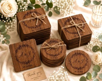 Luxury Personalized Wedding Favor Coaster, Custom Monogram Wooden Coaster, Bulk Wedding Guest Gifts, Engraved Wedding Decor, Reception