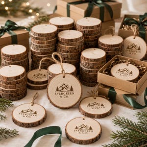 May include: A collection of round wooden ornaments with natural bark edges, each featuring a printed mountain and pine tree graphic with the text EVERGREEN & CO. Some ornaments include jute twine loops for hanging, and several are packaged in boxes.