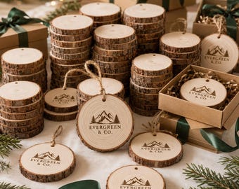 Custom Logo Wood Slice Ornaments, Engraved Corporate Holiday Gifts