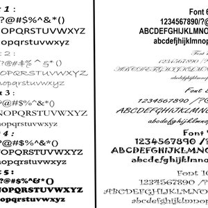 May include: A sheet of paper with ten different font styles displayed. Each font style shows the numbers 1234567890, the alphabet in uppercase and lowercase, and various symbols.