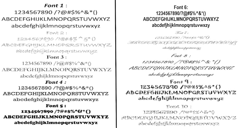 May include: A sheet of paper with ten different font styles displayed. Each font style shows the numbers 1234567890, the alphabet in uppercase and lowercase, and various symbols.