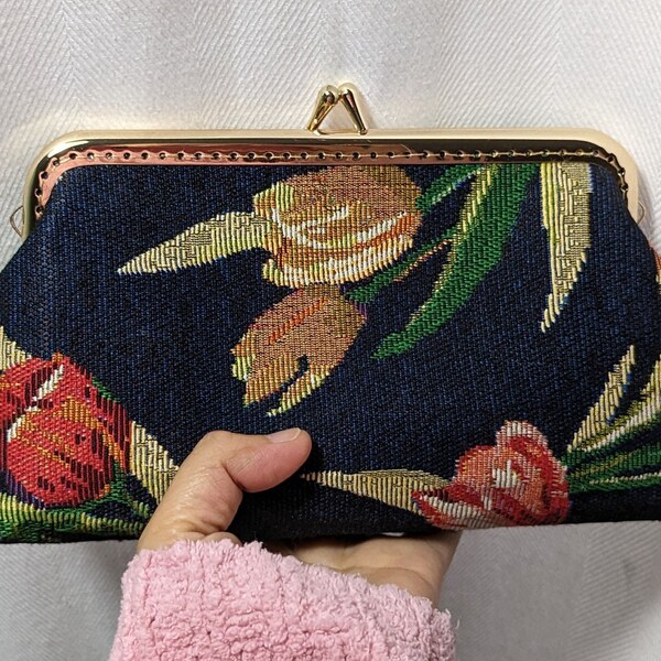 Vintage Retro Kisslock clutch/portemonnee; mobiel tasje, make-up tasje, met tulpen of zonnebloem Jacquard|cadeau voor haar