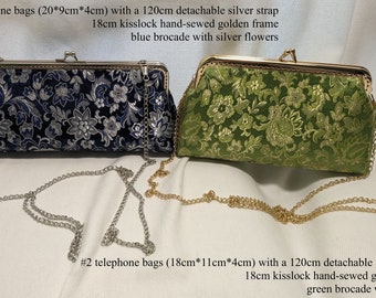 Pochette/sac à main/sac rétro exquis; téléphone portable/sac cosmétique, étui pour crayons/lunettes, brocart vert ou bleu avec fleurs|cadeau pour elle