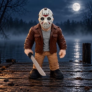 May include: A stylized action figure wearing a white hockey mask with red markings, a brown jacket, a grey t-shirt, and tan pants with distressed details. The figure holds a silver-colored machete with a black handle in its right hand.