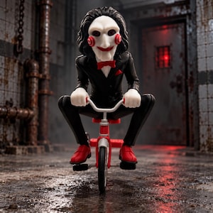 May include: A collectible figure of a character with a white mask featuring red spiral cheeks and black hair, wearing a black suit with a red bow tie and pocket square, riding a small red and white tricycle with black tires and red pedals.