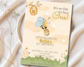 Bee Birthday Invitation, bumble bee party, it's so fun to bee, sweet bee, honey bee, digital invitation, Instant Download