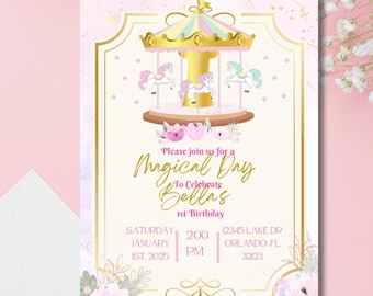 Carousel Birthday Invitation, Digital Invitation, Kids Toddler Girl Boy Birthday Invite, digital invitation, Instant Download