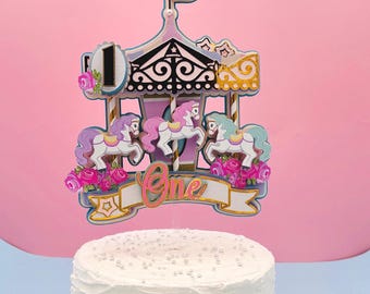 Personalized Carousel Cake Topper, Carnival Birthday Party Decoration