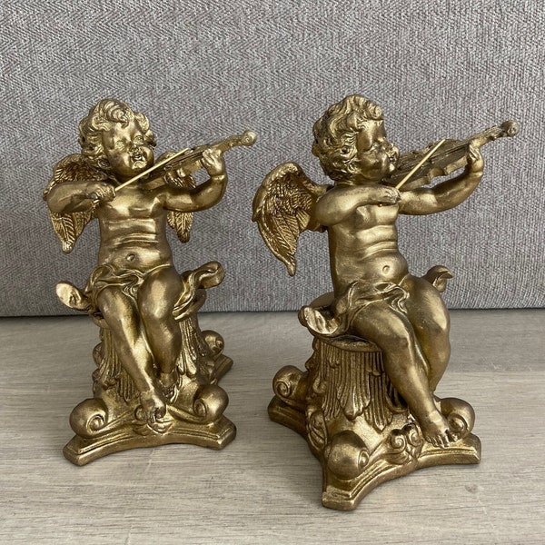 Brass Gold Cherub Angels Christmas Decor Figurines,Brass Gold Christmas Fireplace Mantel Decor,Rare-Find Angel Cherub Figurine Set,Angel Art