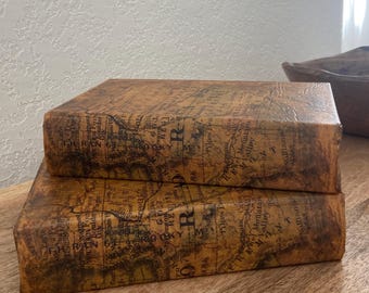 Antique Faux Leather Book Box, Vintage Bookshelf Decor, Rare Map Display Book