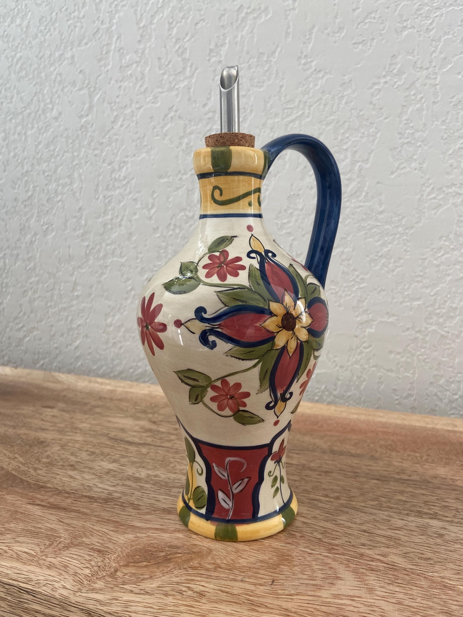 Vibrant Vintage Floral Olive Oil & Vinegar Porcelain Cruet w/Stainless Steel Drizzle Spout
