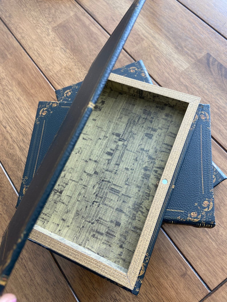 Black Antique Scroll Edge Storage Faux Book Decor,Classic Faux Leather Book Box With Gold Accents,Vintage Style Stackable Coffee Table Books image 9
