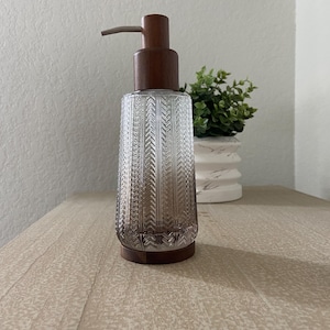 Unique Herringbone Design Glass Soap Dispenser w/ Wooden+Stainless Steel Spout, Elegant Ombre Glass Soap Dispenser, Vintage Glass Soap Pump