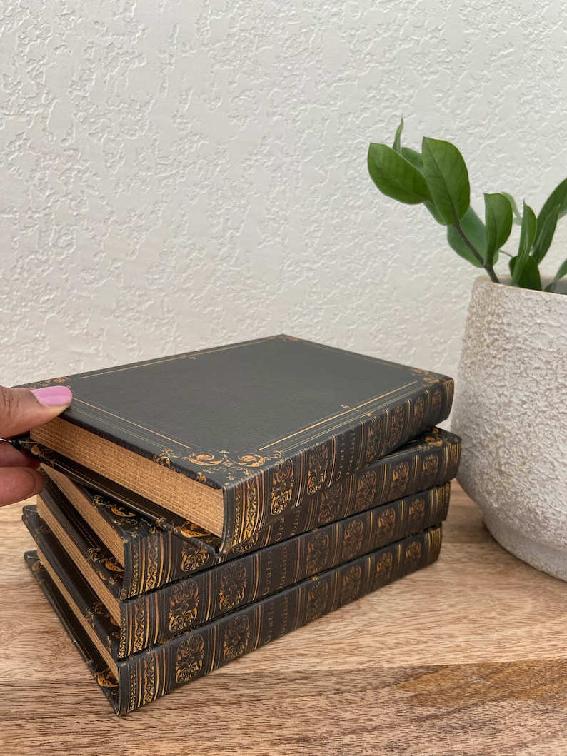 Black Antique Scroll Edge Storage Faux Book Decor,Classic Faux Leather Book Box With Gold Accents,Vintage Style Stackable Coffee Table Books image 4