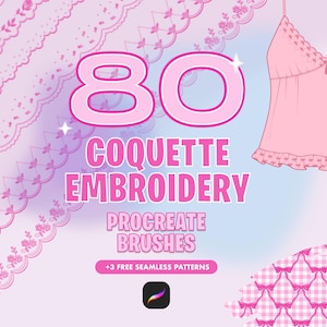 Può includere: Una grafica digitale con il testo 80 COQUETTE EMBROIDERY PROCREATE BRUSHES +3 FREE SEAMLESS PATTERNS. Il design include motivi di pizzo rosa, un'illustrazione di una canotta rosa e un'icona dell'app Procreate su uno sfondo viola chiaro.