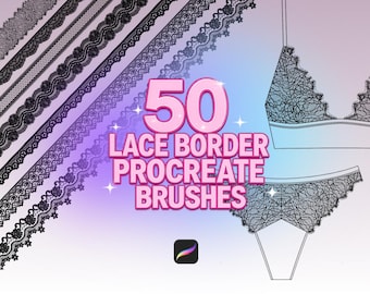 May include: Digital art graphic featuring 50 lace border Procreate brushes. The image showcases various black lace designs and a bra and underwear outline. The text is in pink and the Procreate logo is in the bottom right corner.