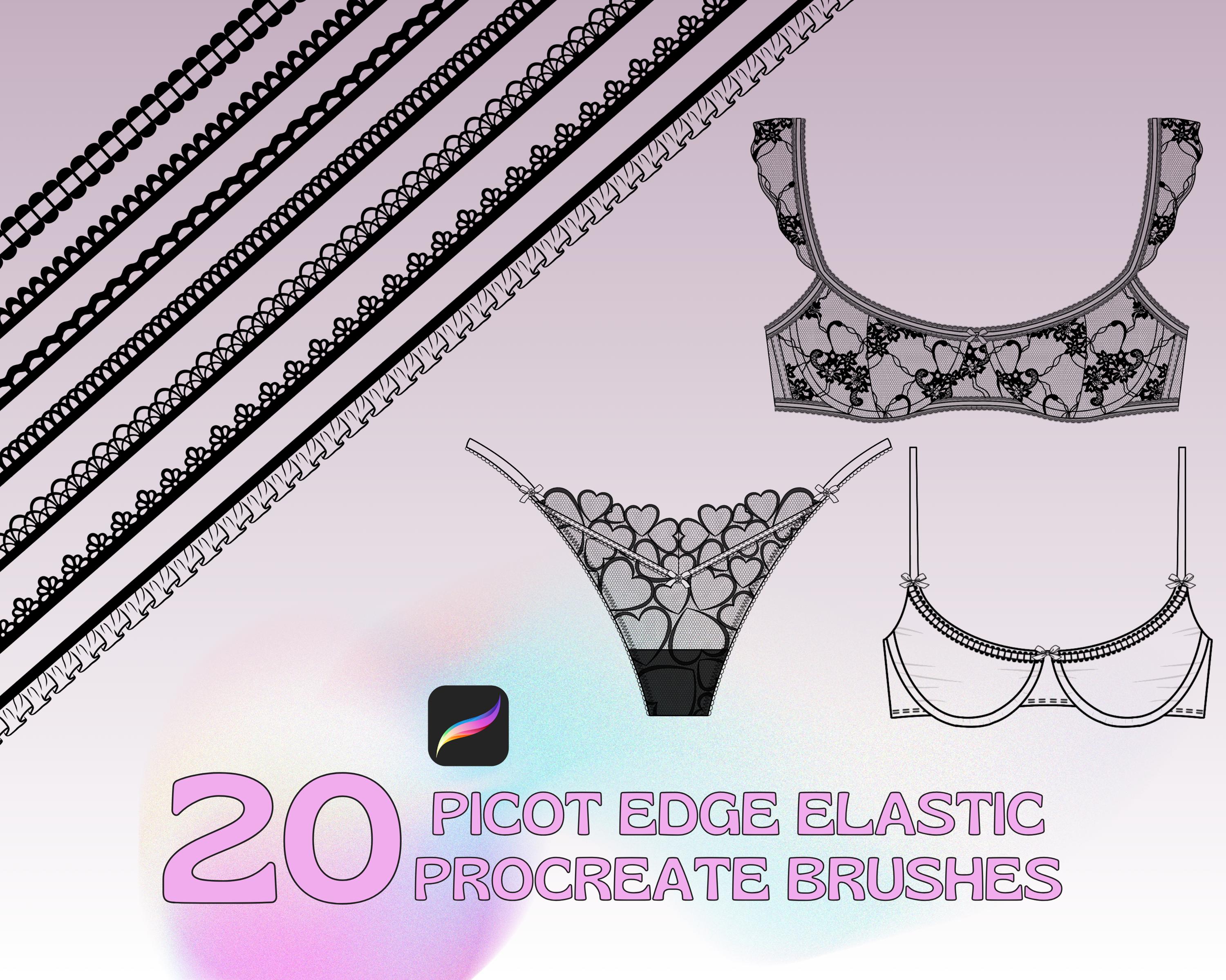 Pinceles Procreate de Elástico con Borde Picot + Sellos de Figuras de Moda | Kit de Diseño de Lencería