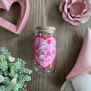 Coquette Kawaii Kitty and Friends Glass Soda Can Tumbler with Bamboo or Colored Lid and Straw, Valentine, Cute, Sweetheart, Girly, 16oz