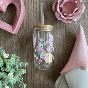 Pink Kawaii Kitty and Friends Glass Soda Can Tumbler with Bamboo or Colored Lid and Straw, Valentine, Cute, Sweetheart, 16oz