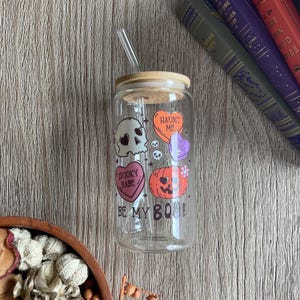 Be My Boo Glass Soda Can Tumbler with Bamboo or Colored Lid and Straw, Spooky, Fall, Halloween, Cute, Candy, Skull, Pumpkin, Cozy, 16oz
