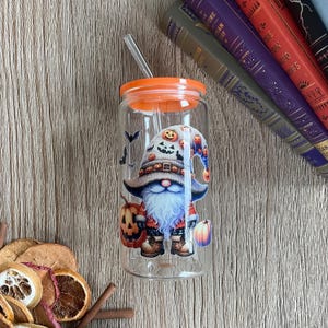 Spooky Halloween Gnome Glass Soda Can Tumbler with Bamboo or Colored Lid and Straw, Pumpkin, Fall, Autumn, Cute, Orange, Cozy, 16oz