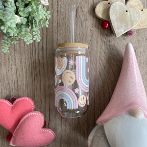 Pastel Rainbow and Smiley Glass Soda Can Tumbler with Bamboo or Colored Lid and Straw, Valentine, Flowers, Girly, Summer, Spring, 16oz