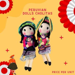 May include: Two Peruvian dolls, Cholitas, are featured in this image. The dolls are dressed in traditional clothing, including colorful shawls and hats. Each doll is holding a smaller doll, representing a baby. The background is yellow with red and white decorative elements.