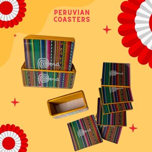 May include: Peruvian coasters with a colorful woven fabric design in green, red, and yellow. The coasters are rectangular and come in a set with a matching holder. The word "Peru" is printed on the coasters.