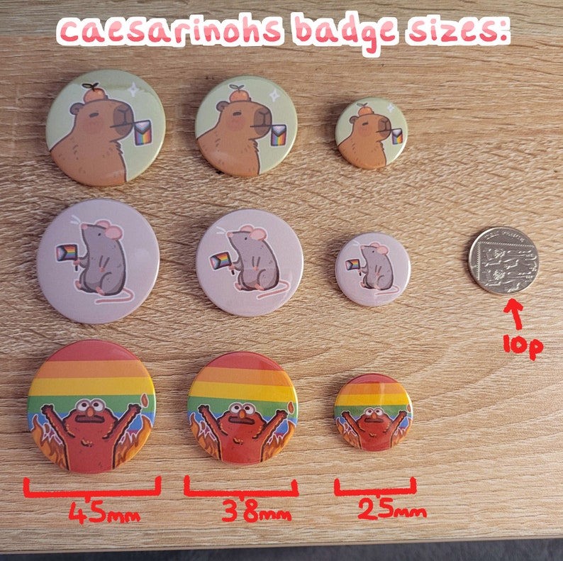 Peut inclure: Un ensemble de 10 badges diff&eacute;rents avec divers motifs, dont un capybara, une souris et un personnage rouge. Les badges mesurent 4,5 cm, 3,8 cm et 2,5 cm de diam&egrave;tre. Le texte "caesarinohs badge sizes" est &eacute;crit en haut de l'image.