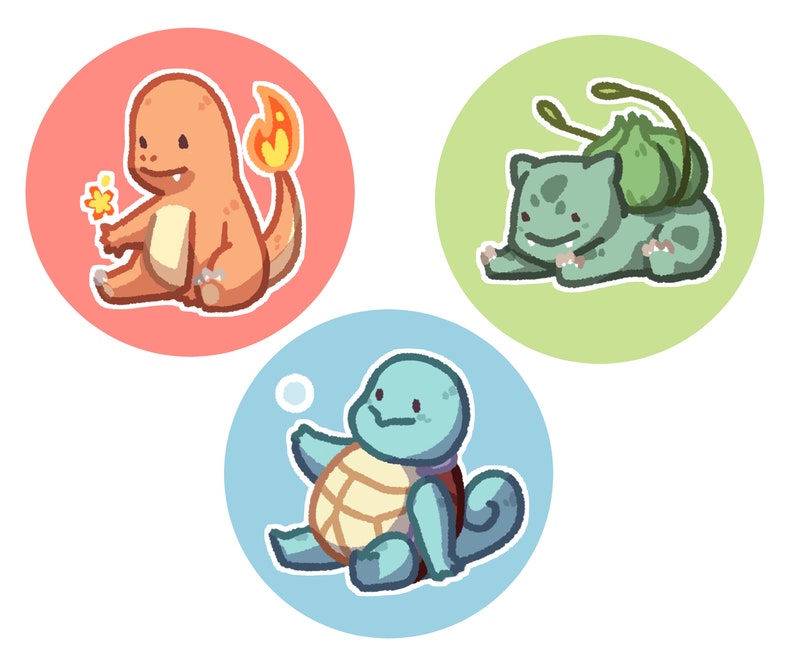 May include: Three cartoon characters from the Pokemon franchise. A red and orange Charmander, a green Bulbasaur, and a blue Squirtle.